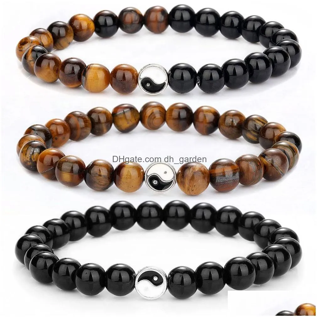 Beaded 8Mm Fashion Men Women Taiji Yin Yang Feng Shui Beaded Strands Bracelet Natural White Turquoise And Black Bead Couple Dhgarden Dhw2B