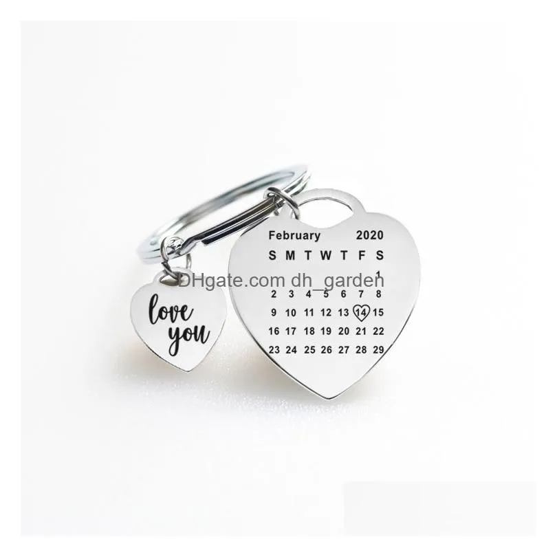 Key Rings Personalized Calendar Key Ring Valentines Day Keychain Stainless Steel Couple Lover Keychains Jewelry Keyring Sup Dhgarden Dhjsx