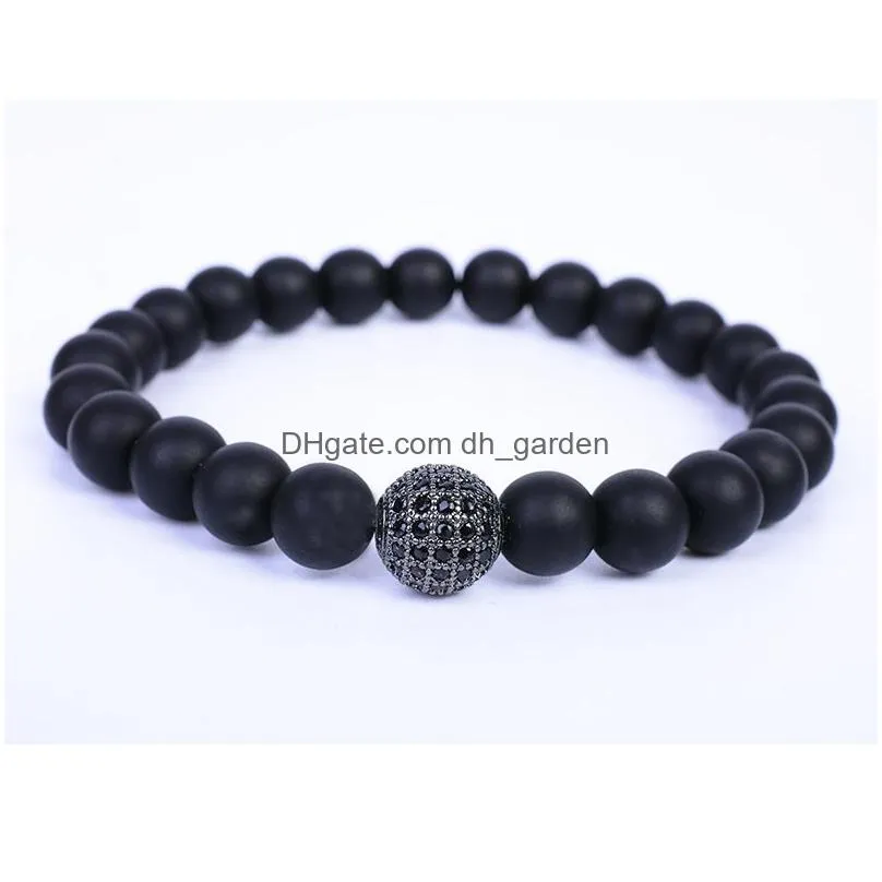 Beaded Fashion Natural Stone Black Matte Beaded Strands Bracelet For Women Men Healing Ncing 8Mm Beads Micro Zircon Pave Be Dhgarden Dh4Av