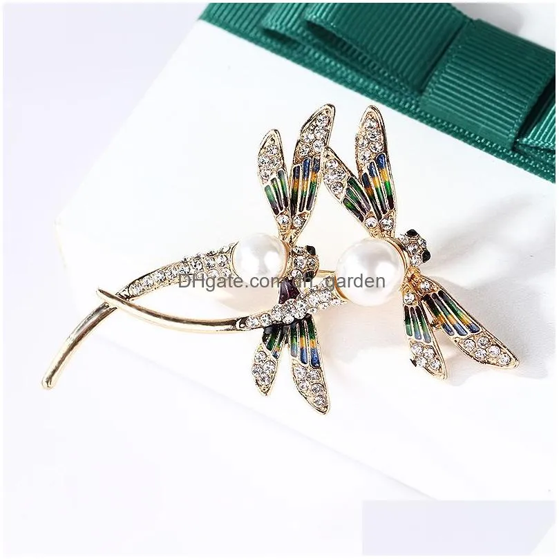 Pins, Brooches High Quality Dragonfly Flying Insect Pearl Brooches Pin For Women Mens Suit Coat Collar Large Rhinestone Bro Dhgarden Dhxog
