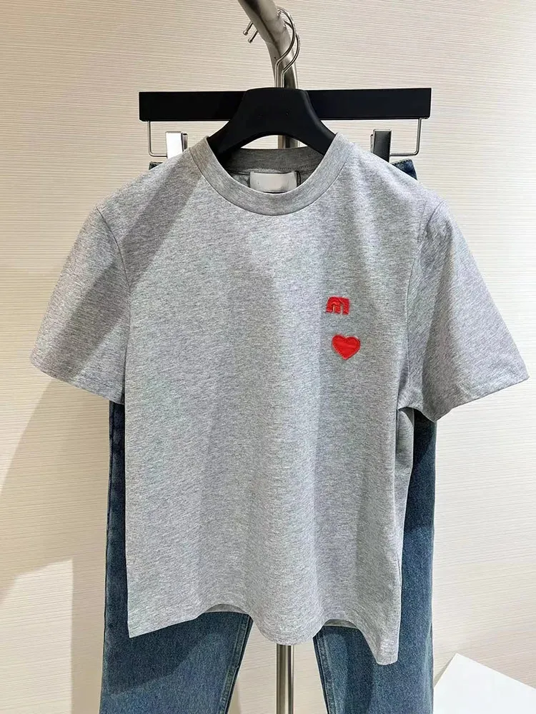 Love Letter Patch Embroidery T-Shirt Summer Fashion Versatile Round Neck Cotton Short Sleeve T-shirt Top