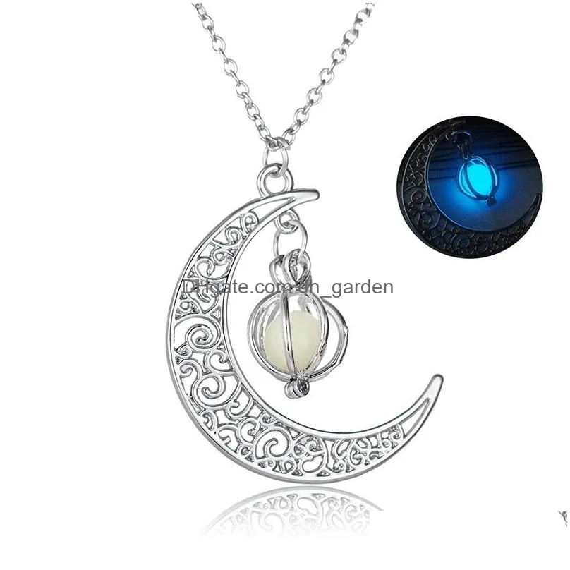 Pendant Necklaces New Arrival Halloween Pearl Hollow Moon Glowing Necklace For Women Meteorite Alloy Charm Fashion Elegant J Dhgarden Dhbpl
