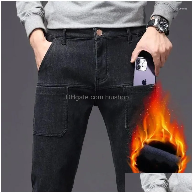 mens jeans autumn winter men fleece thick straight solid streetwear fashion loose versatile multiple pockets chic casual pants