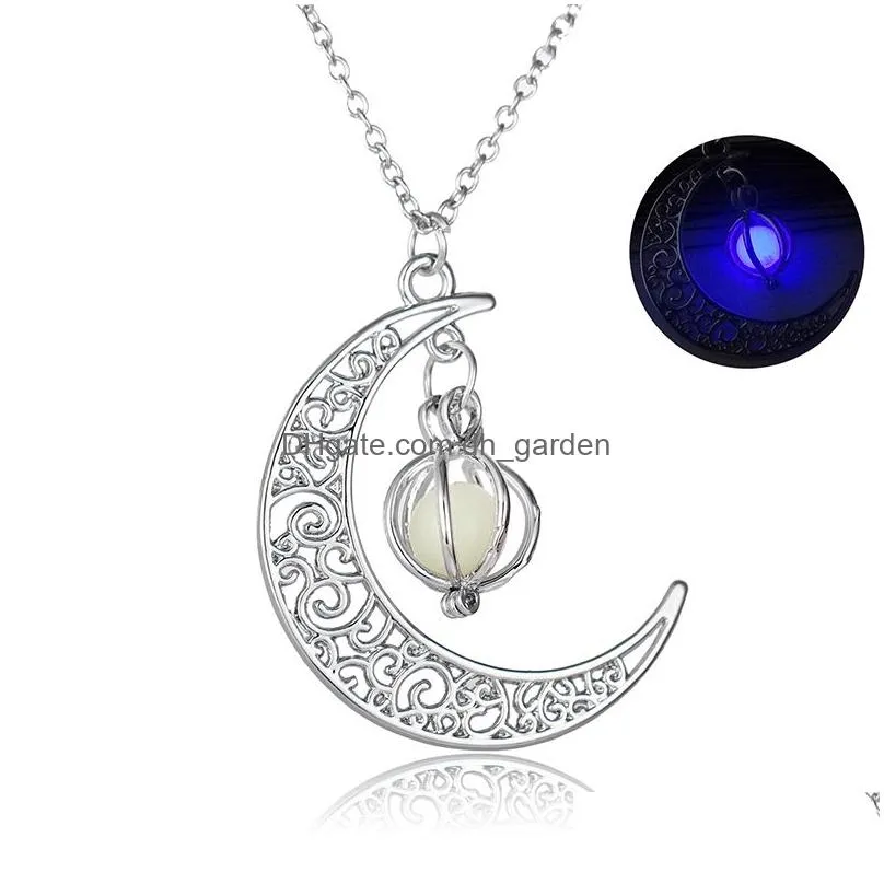 Pendant Necklaces New Arrival Halloween Pearl Hollow Moon Glowing Necklace For Women Meteorite Alloy Charm Fashion Elegant J Dhgarden Dhbpl