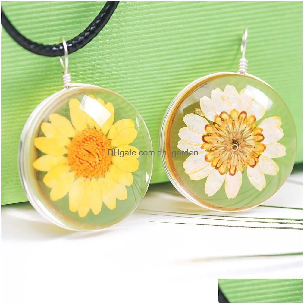 Pendant Necklaces Sale Transparent Dried Flower Glass Pendant Leather Necklace For Women Made With Love Pink Blue Long Gift Dhgarden Dhlrg