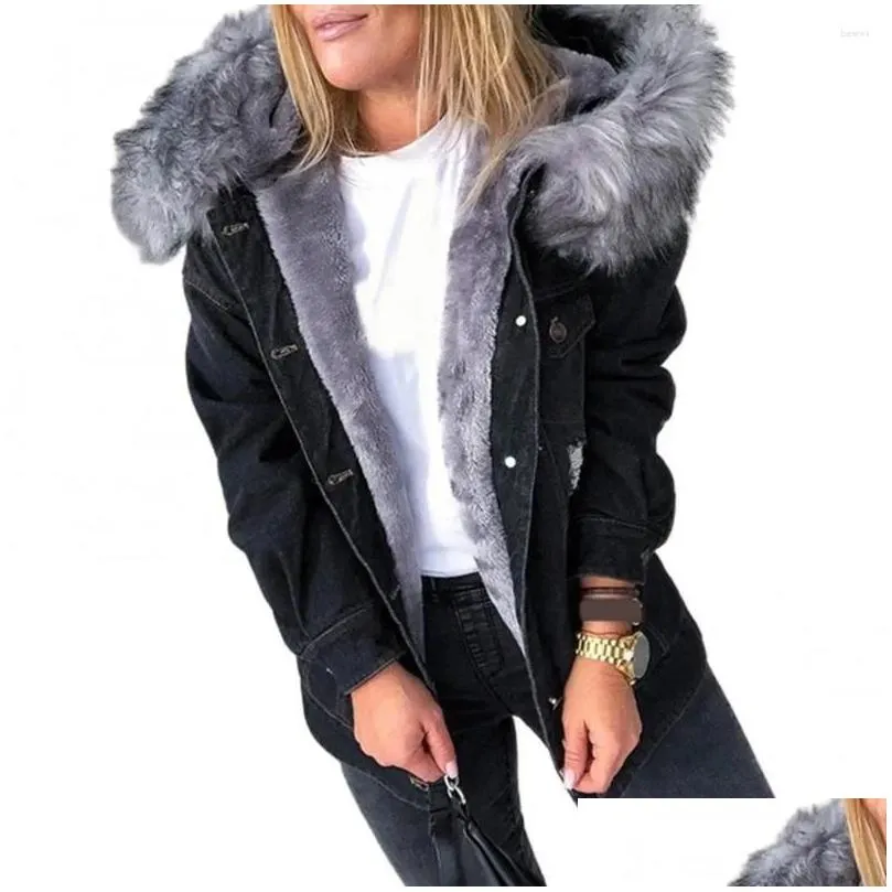 Women`S Jackets Womens Jackets Winter Women Long Sleeve Faux Fur Hood P Warm Jacket Ripped Buttons Denim Coat 2024 Fashion Casual Drop Ot0Ho