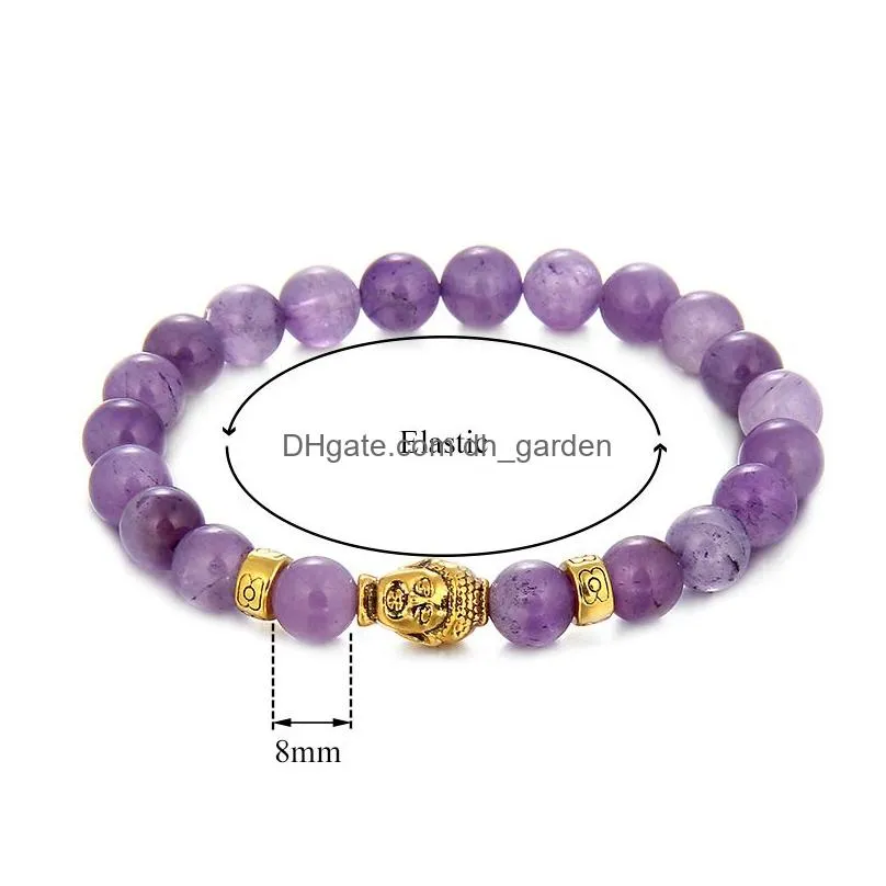Beaded High Quality 8Mm Amethyst Alloy Buddha Beads Bracelet For Women Men Elastic Healing Nce Delicate Fashion Jewelry Dro Dhgarden Dh50Y