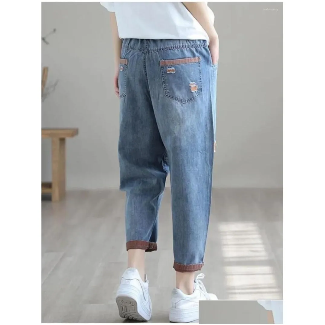 Women`S Jeans Womens Jeans Women Version Hole Elastic Waist Casual Haren Pants Ankle Length Trousers For High Waisted Baggy Ripped De Otjic