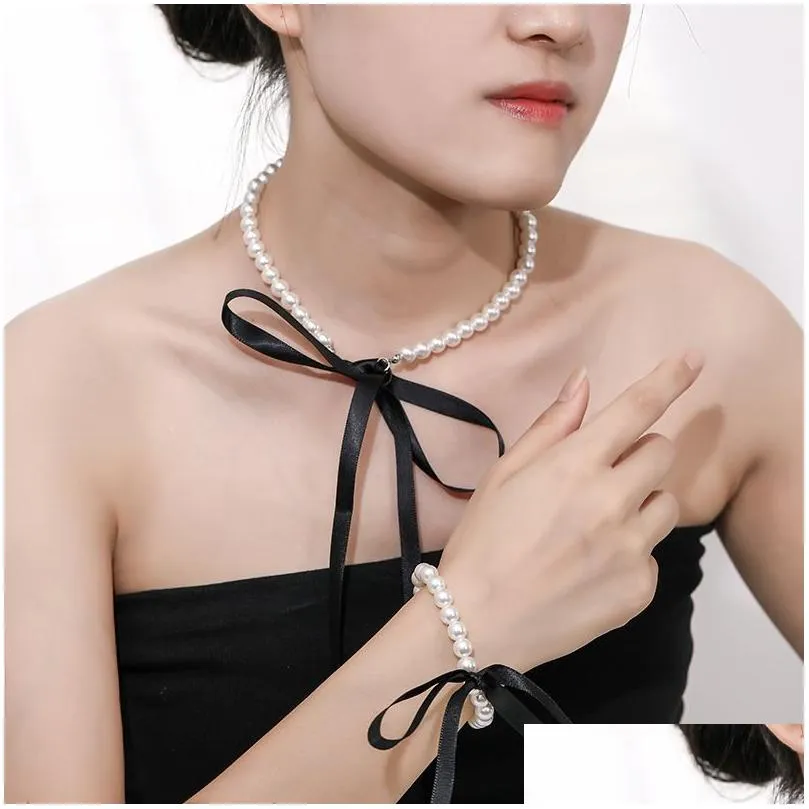 Chokers Goth Wedding Party Jewelry Long Black Ribbon Choker Necklace For Women Elegant White Imitation Pearl Beach Vacation Necklaces Othcd