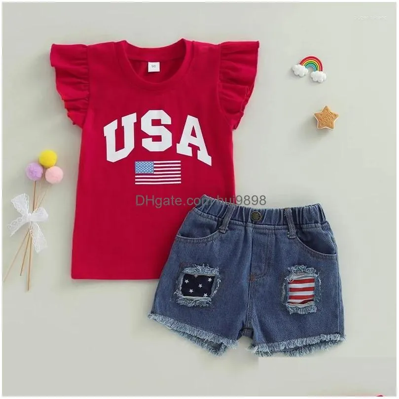 clothing sets 4th of july kids girls outfits letter stars stripe flag print sleeve t-shirts frayed ripped denim shorts 2pcs clothes