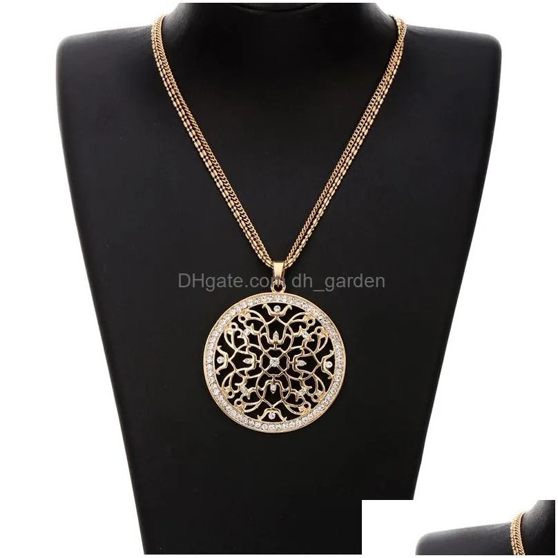 Pendant Necklaces Elegant Big Round Crystal Pendant Necklace Sier/Gold Color Hollow Out Long Chain Statement Jewelry For Wom Dhgarden Dhxvr