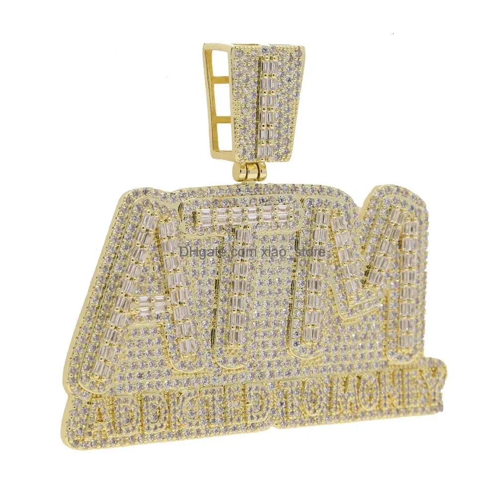 necklaces pendant necklaces iced out bling letters atm addicted to money pendant necklaces silver color rectangle cz zircon charm mens