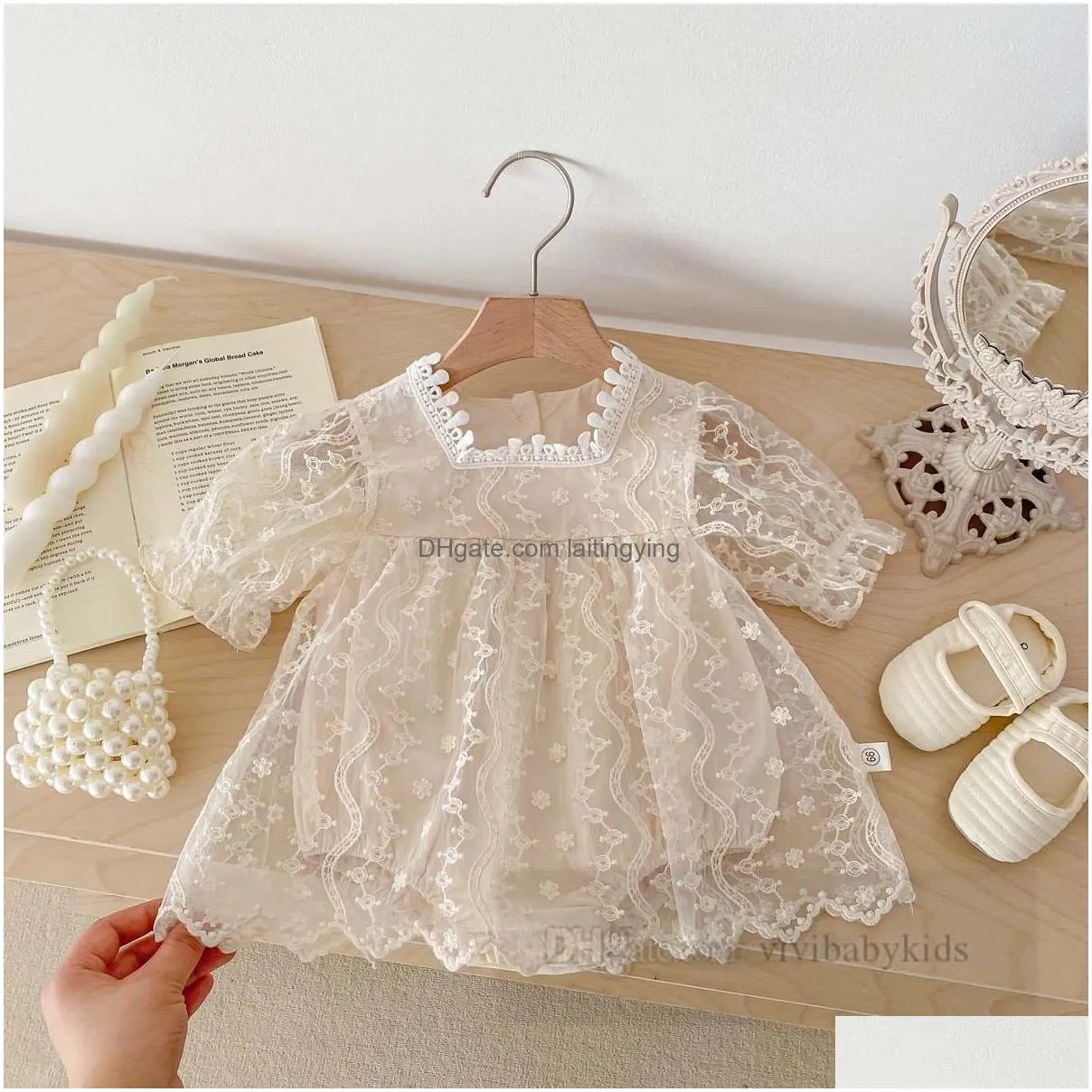 ins summer baby girls lace embroidery romper dress toddler kids square collar puff sleeve jumpsuits born kid 1st birthday party clothes