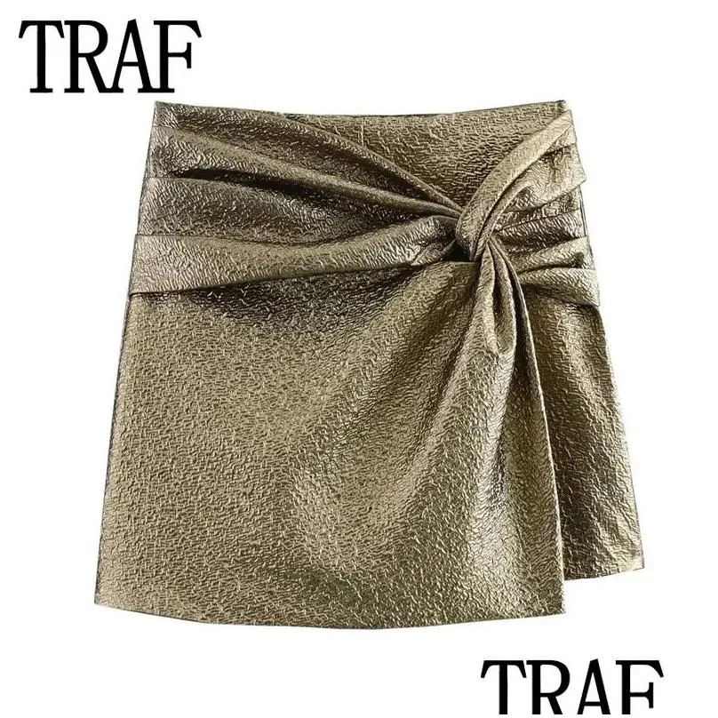 Skirts Traf 2024 Knot Mini Skirt Shorts Woman Gold Womens Skort Pleated High Waist Short Skirts For Women Chic And Elegant 231 Drop D Otvyc