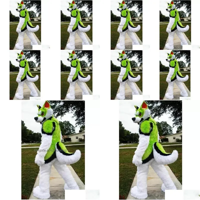 2022 long fur green white husky dog mascot costume high quality cartoon anime theme character adults size christmas carnival birthday party outdoor