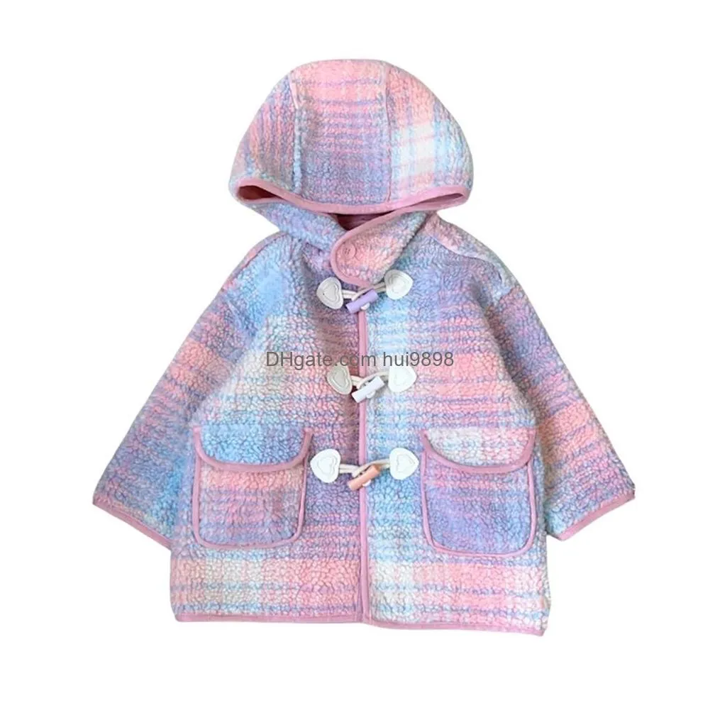 coat winter thick warm fur hooded coats for girls korean style kids fashion rainbow color plaid lambswool overcoats children clothes