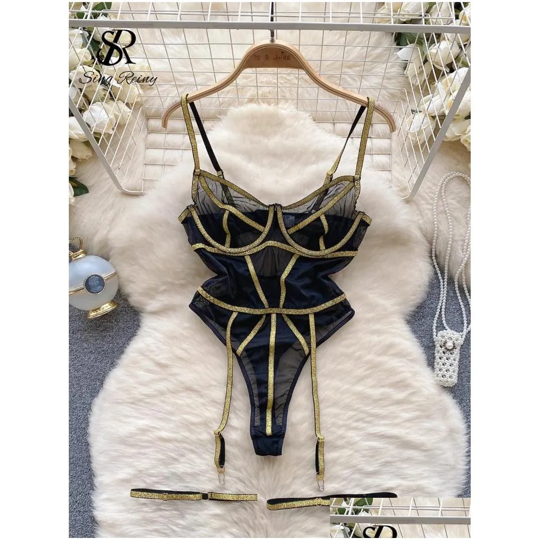 Bras Sets Singreiny Cosplay Sheer Sensual Slim Playsuits Women Fashion Open Crotch Sheath Rompers Transparent Mesh Erotic Y Drop Deli Oto1Q