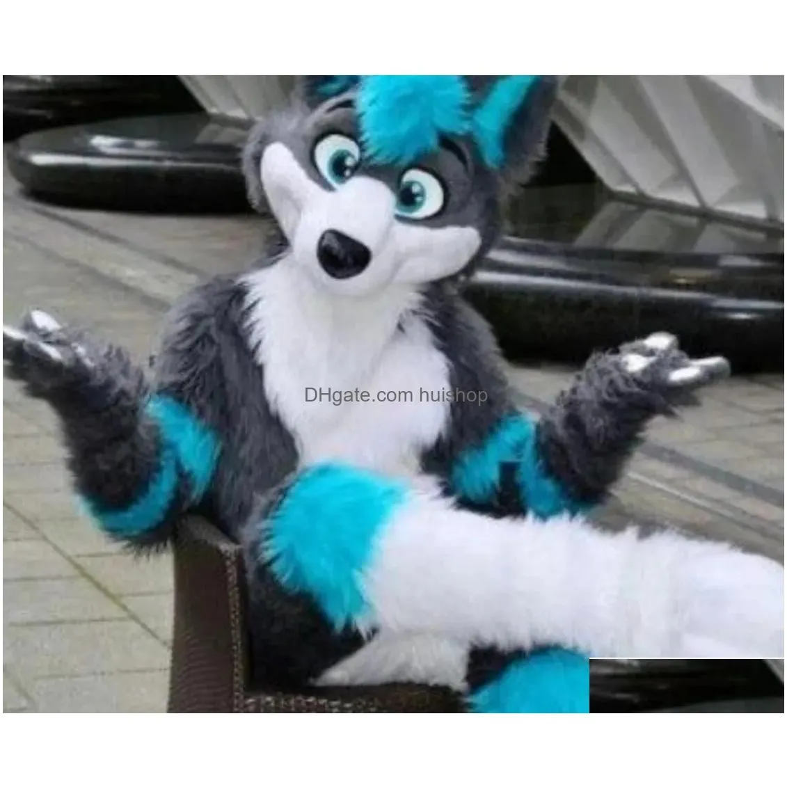 long fur furry grey wolf husky dog fox fursuit mascot costume adult cartoon character halloween carnival fancy