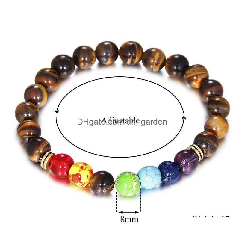 Beaded 8Mm Round Lava Rock Tiger Eye Beaded Bracelets For Women Men Healing 7 Chakras Natural Stone Elastic Yoga Buddha Bra Dhgarden Dhnxu