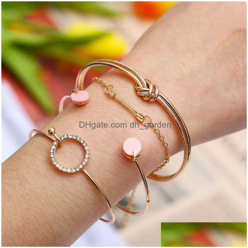 Bangle 4Pcs/Set Mtilayer Knot Arrow Crystal Open Cuff Bracelet Set For Women Sier Gold Plating Adjustable Wire Bangle Fashi Dhgarden Dhy1B