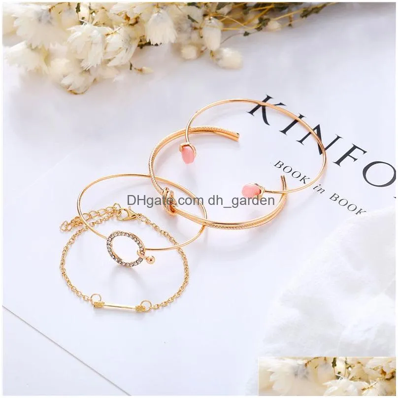 Bangle 4Pcs/Set Mtilayer Knot Arrow Crystal Open Cuff Bracelet Set For Women Sier Gold Plating Adjustable Wire Bangle Fashi Dhgarden Dhy1B