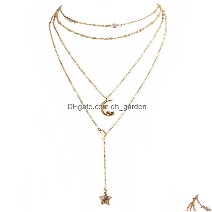 Pendant Necklaces New Arrival Rhinestone Moon Star Pendant Necklace For Women Bohemia Mtilayer Gold Chain Long Party Fashion Dhgarden Dhmqe