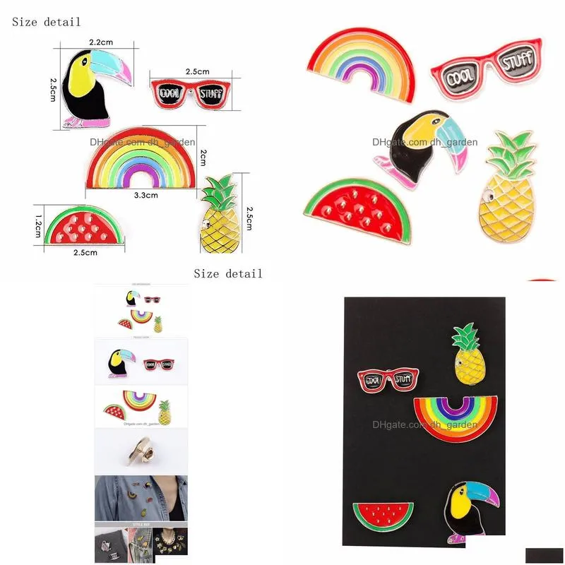 Pins, Brooches 5Pcs/Set Rainbow Watermelon Crow Brooch Pin For Women Catoon Pineapple Sunglass Enamel Lapel Collar Set Fash Dhgarden Dhpjk