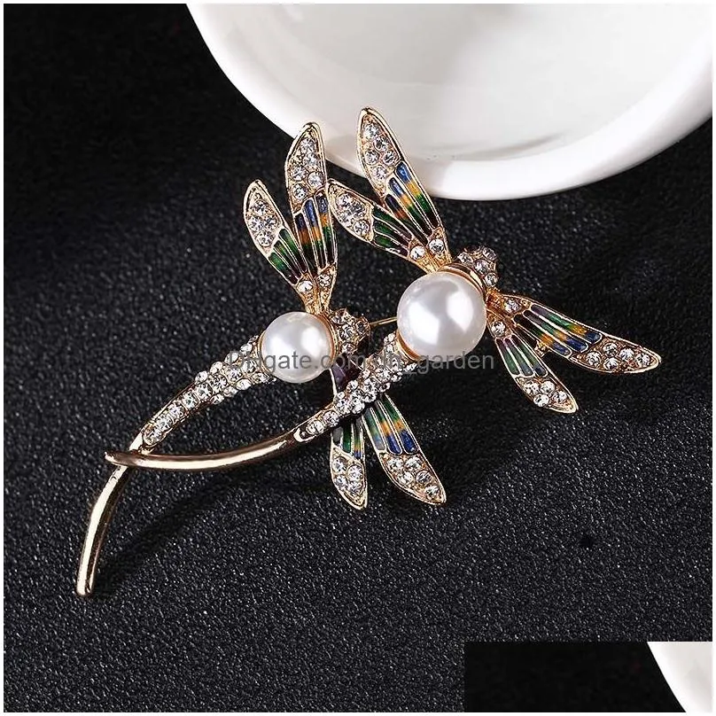 Pins, Brooches High Quality Dragonfly Flying Insect Pearl Brooches Pin For Women Mens Suit Coat Collar Large Rhinestone Bro Dhgarden Dhxog