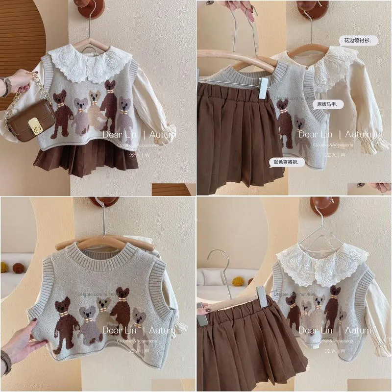 clothing sets girls sweet suits autumn outfit baby college spring pleated skirtsweater vestshirt 3pcs kids 230923