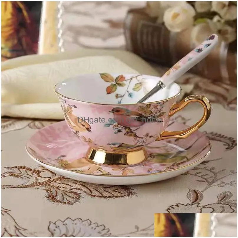 cups saucers bone china coffee cup set pink bird porcelain tea advanced ceramic pot mug sugar bowl creamer teapot milk jug teaset