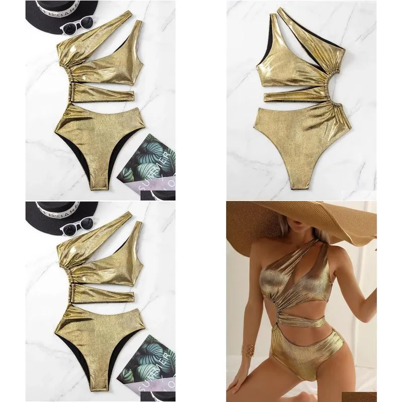 sexy female swimwear women swimsuits 2023 hollow out monokini sparkling biquini one shoulder bathing suit beachwear 240219