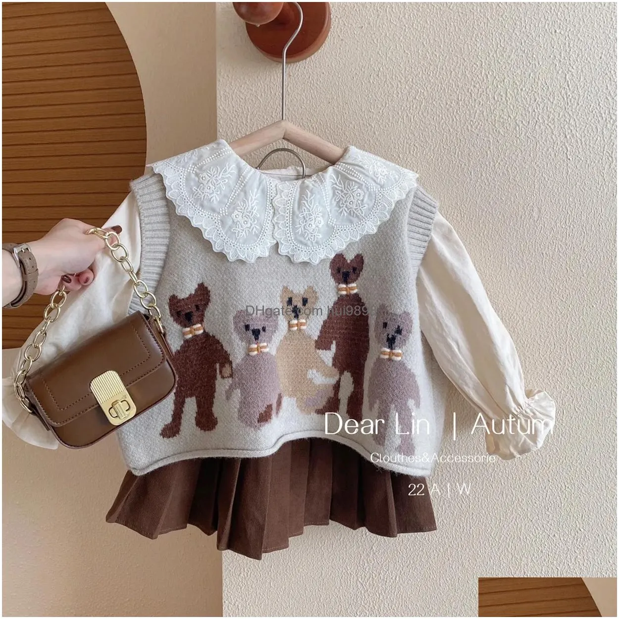 clothing sets girls sweet suits autumn outfit baby college spring pleated skirtsweater vestshirt 3pcs kids 230923