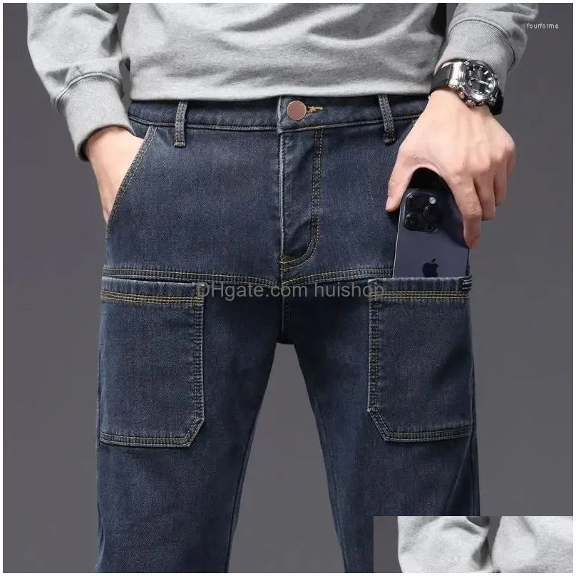 mens jeans autumn winter men fleece thick straight solid streetwear fashion loose versatile multiple pockets chic casual pants