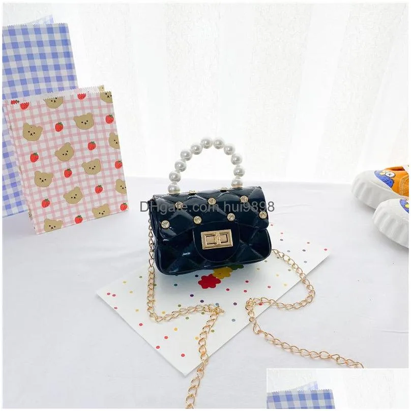 bright color jelly childrens diamond shoulder purse girls fashion korean pearl handbag wholesale candy bags for children