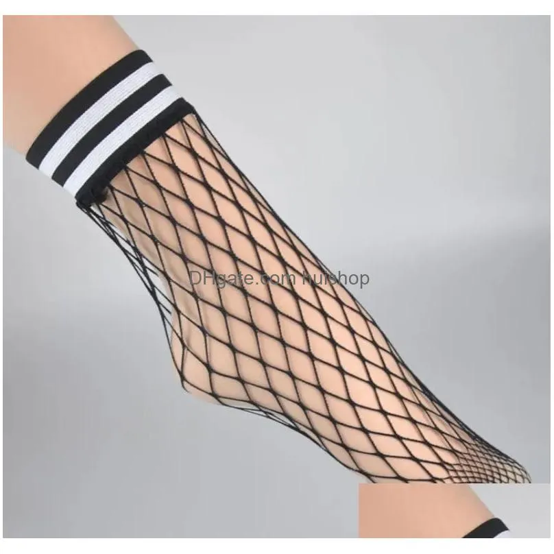 fishnet anklet socks fashion womens big net mesh striped crew cuff ankle short stockings black white