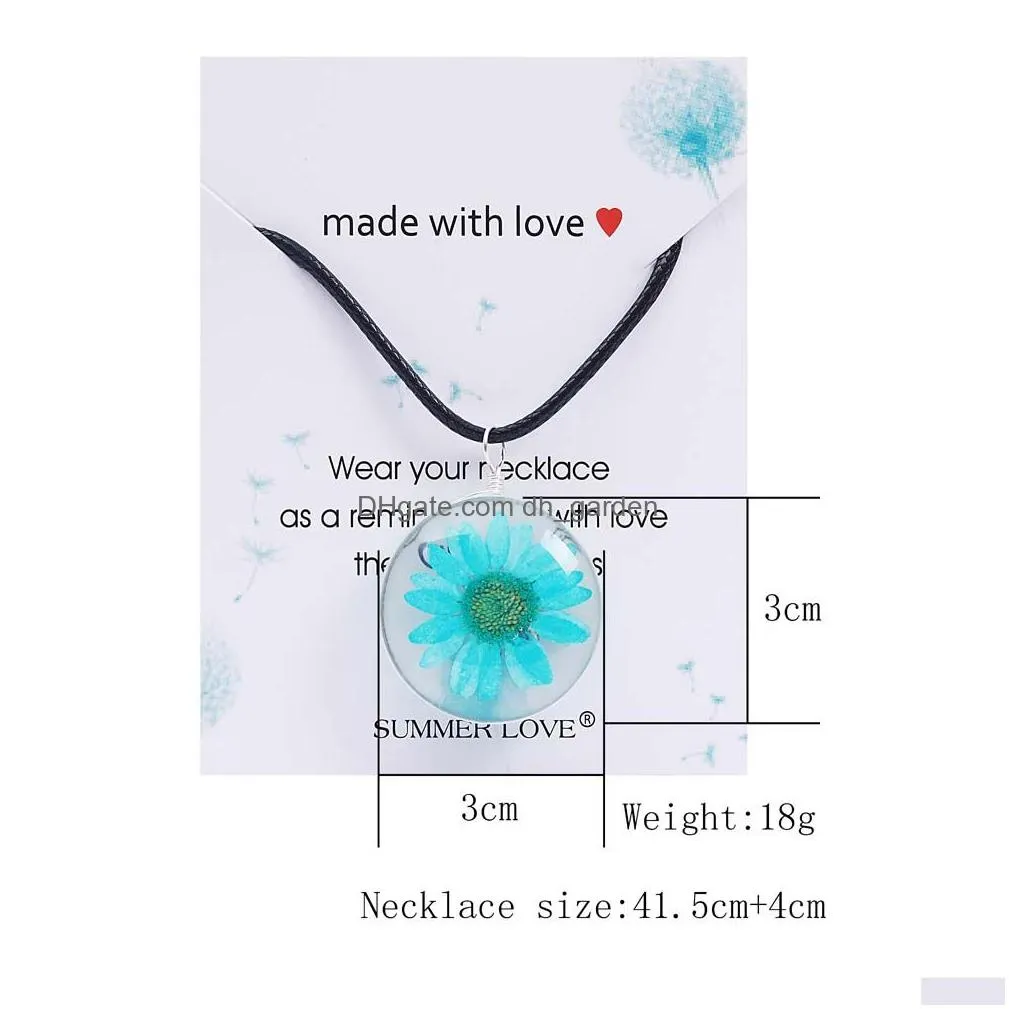 Pendant Necklaces Sale Transparent Dried Flower Glass Pendant Leather Necklace For Women Made With Love Pink Blue Long Gift Dhgarden Dhlrg