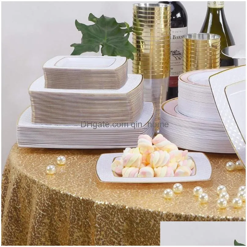 disposable dinnerware 50 tableware golden rose gold square plastic dinner plate with silverware set birthday wedding party supplies