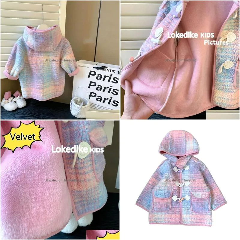 coat winter thick warm fur hooded coats for girls korean style kids fashion rainbow color plaid lambswool overcoats children clothes