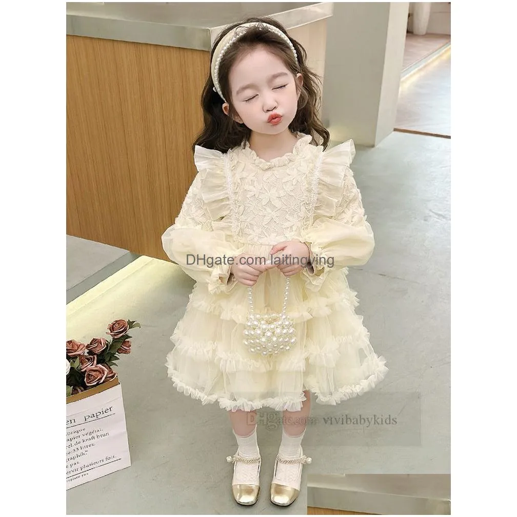 lolita girls tiered lace falbala cake dresses kids embroidery flare sleeve gauze princess dress 2024 spring children birthday party clothes