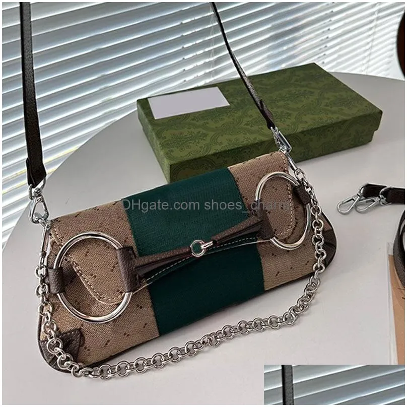 horsebit chain shoulder bag hobos underarm package removable strap canvas handbags purse red green ribbon middle ancient hand pouch long