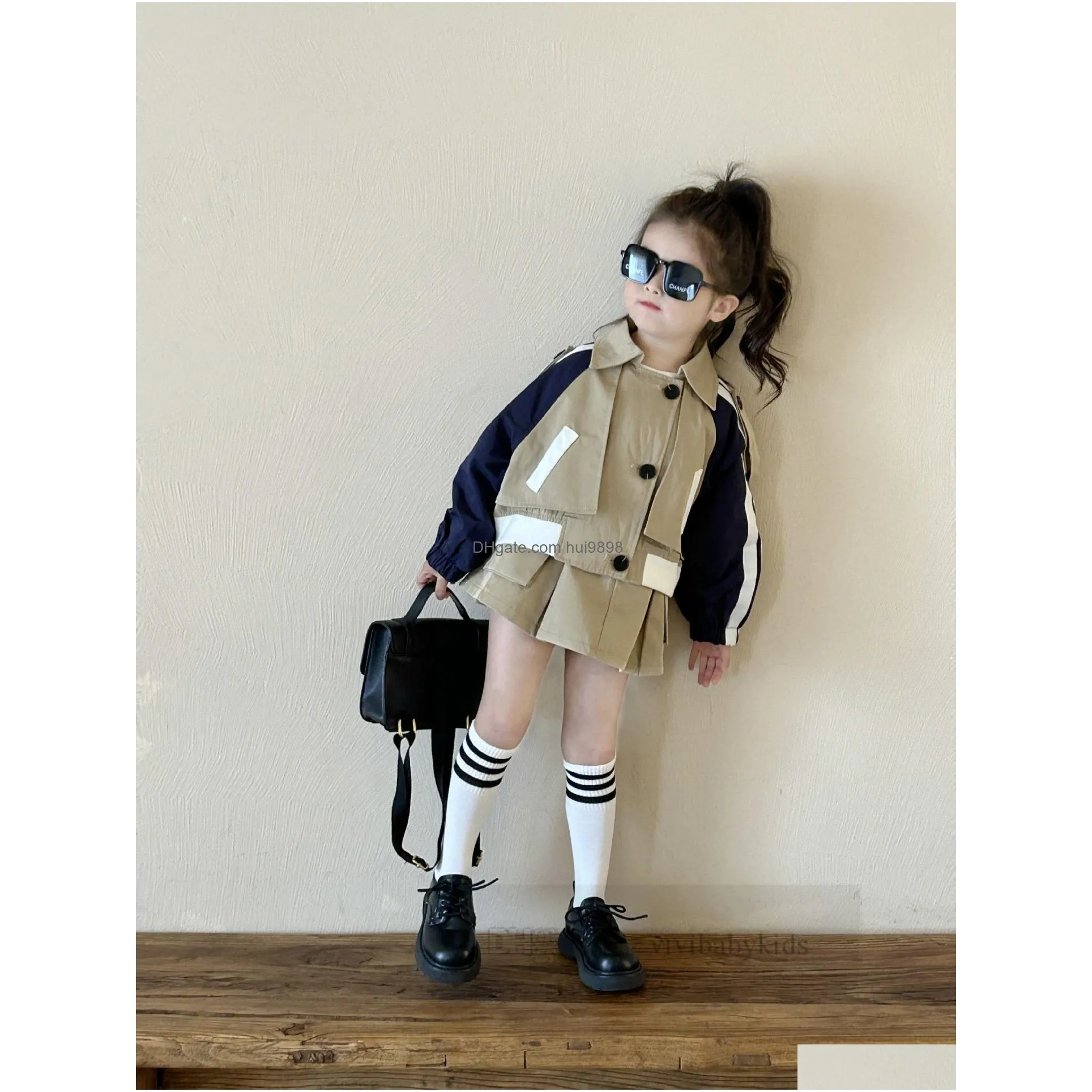 2024 spring girls clothes sets kids letter printedwork color long sleeve trench coat pleated skirt 2pcs children princess outfits