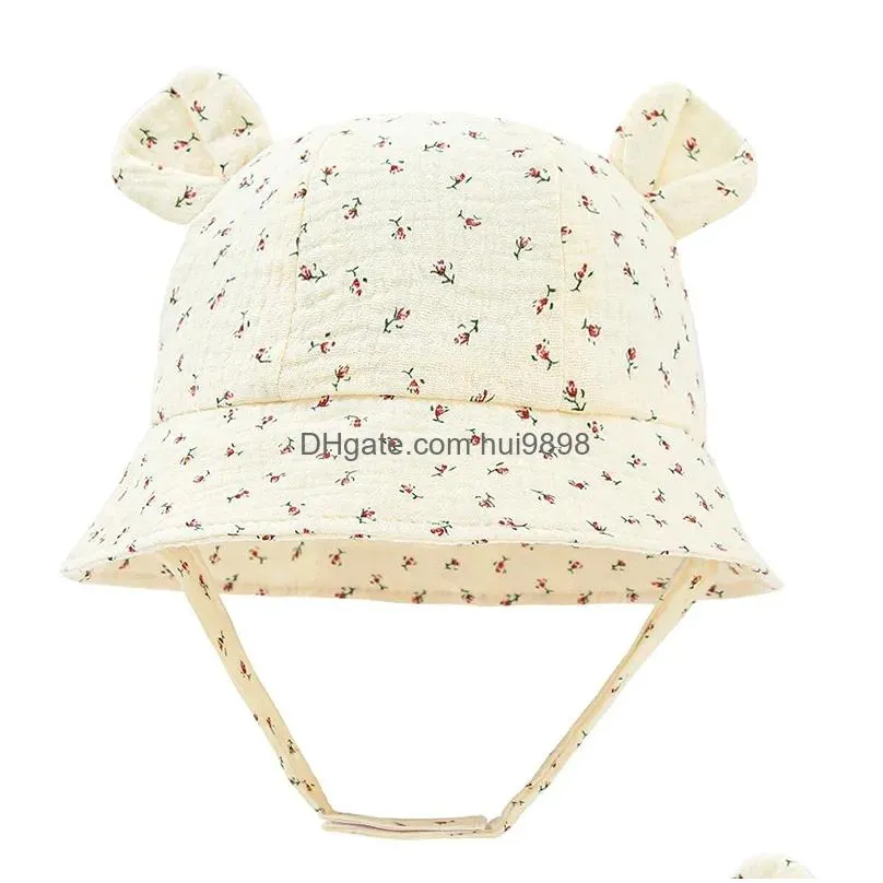hats baby ear sun hat cotton breathable panama cap summer bucket solid color 3-12m prevent with tie rope