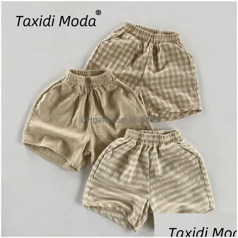 shorts cotton linen thin plaid 2024 summer kids pants casual boy girls short trousers toddler wear children clothes for 1-8y