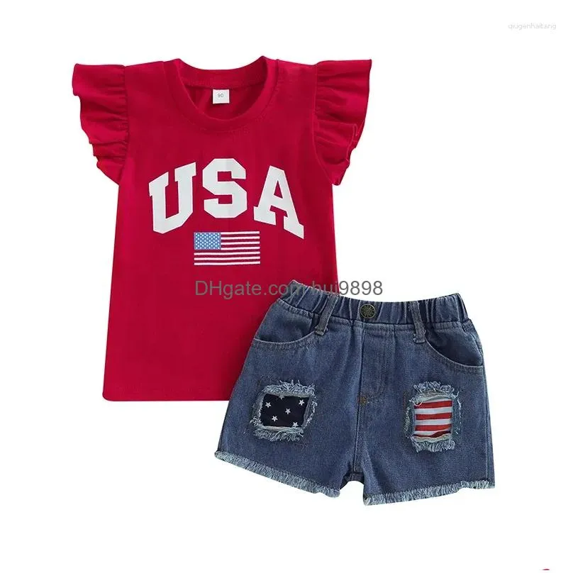 clothing sets 4th of july kids girls outfits letter stars stripe flag print sleeve t-shirts frayed ripped denim shorts 2pcs clothes