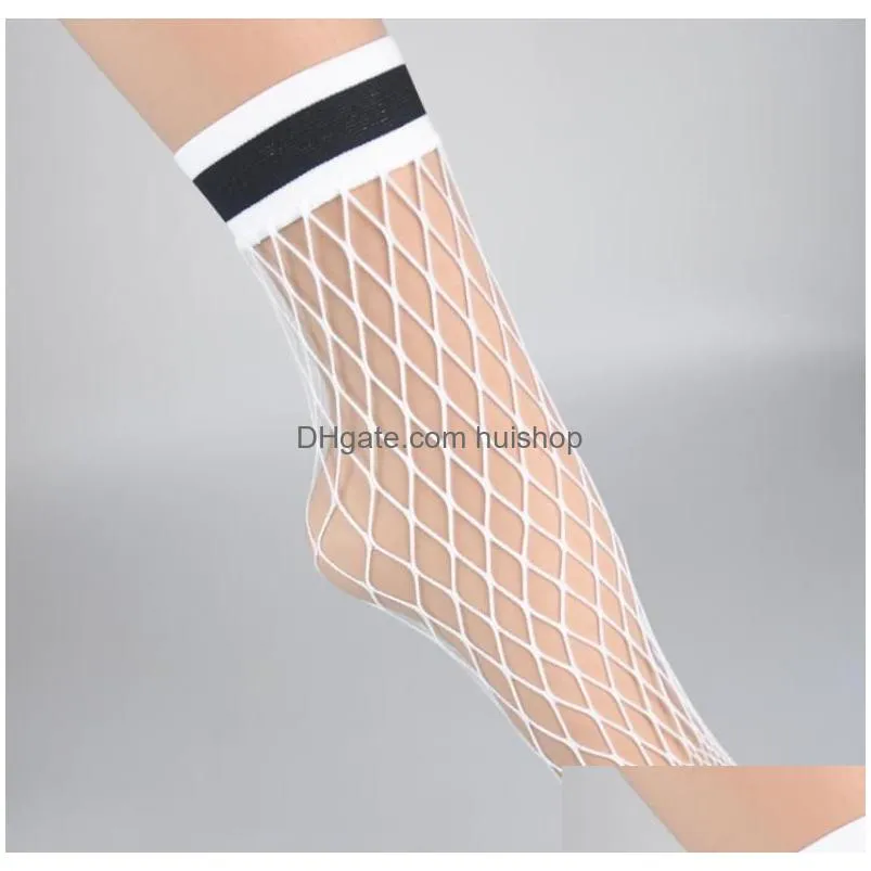 fishnet anklet socks fashion womens big net mesh striped crew cuff ankle short stockings black white
