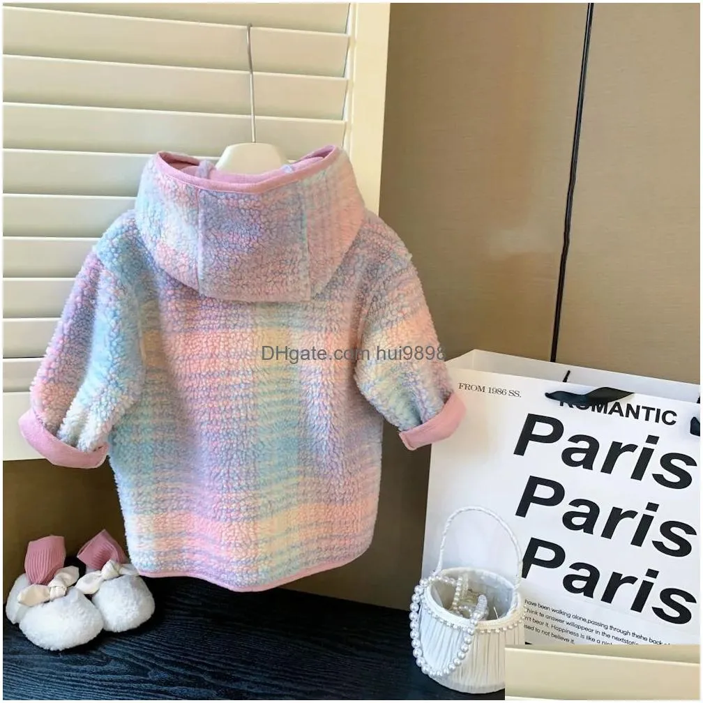 coat winter thick warm fur hooded coats for girls korean style kids fashion rainbow color plaid lambswool overcoats children clothes