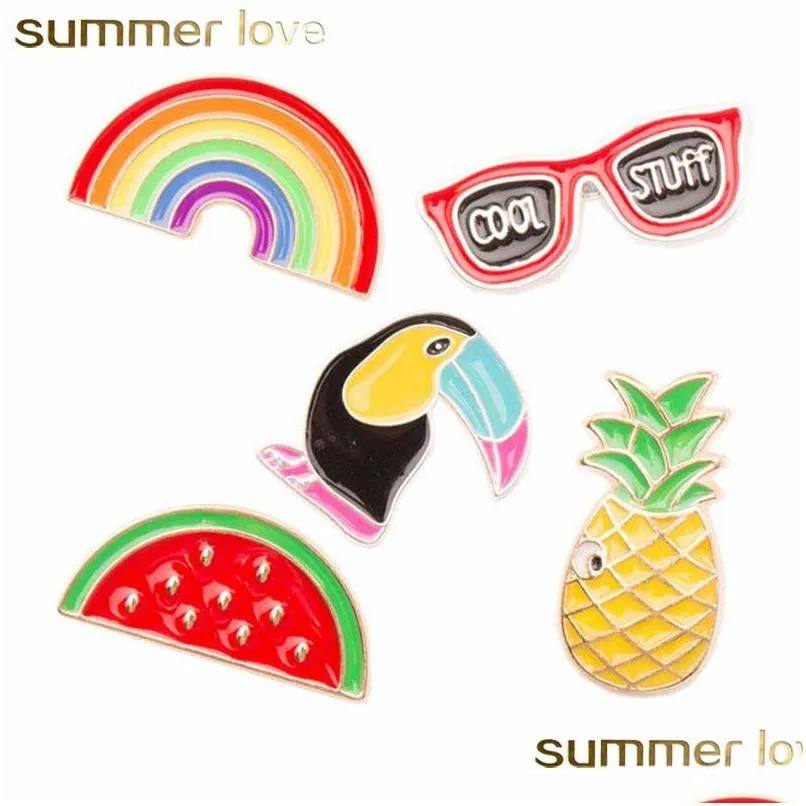 Pins, Brooches 5Pcs/Set Rainbow Watermelon Crow Brooch Pin For Women Catoon Pineapple Sunglass Enamel Lapel Collar Set Fash Dhgarden Dhpjk