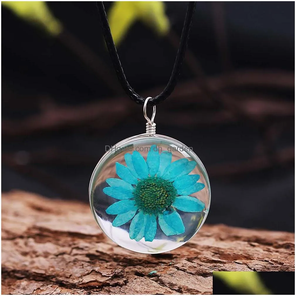 Pendant Necklaces Sale Transparent Dried Flower Glass Pendant Leather Necklace For Women Made With Love Pink Blue Long Gift Dhgarden Dhlrg