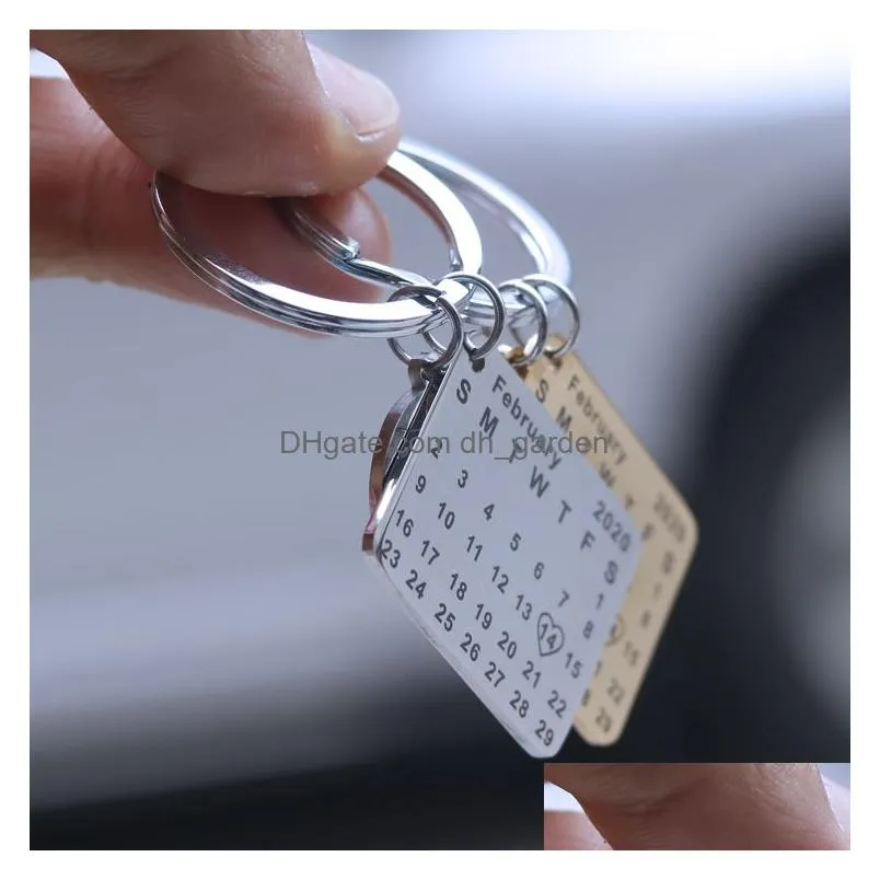 Key Rings Personalized Calendar Key Ring Valentines Day Keychain Stainless Steel Couple Lover Keychains Jewelry Keyring Sup Dhgarden Dhjsx