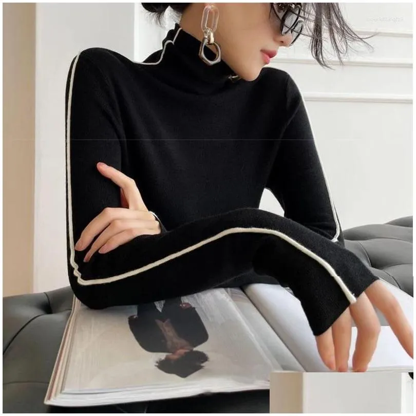 Women`S Sweaters Womens Sweaters Plovers Women Striped Turtleneck Warm Knitted Sweater Spring Fall Y2K Elegant Korean Office Lady Sim Otsf9